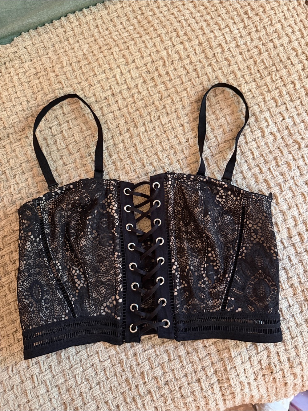 Lace-Up Black Lace Cropped Bustier Top nwt